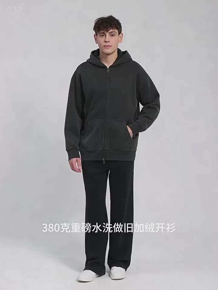 Fleece-lined Washed Vintage Hooded Sweater 053